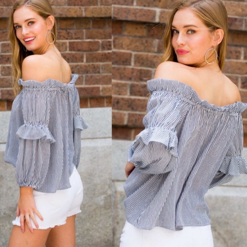 019 Striped Off Shoulder Ruffle Blouse - Picture 3 of 3